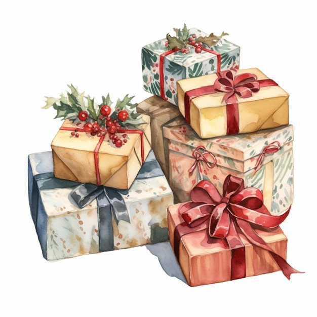 There are three wrapped presents with bows and holly leaves generative ai