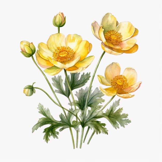 There are three yellow flowers that are on a white background generative ai