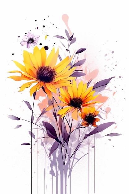 There are three yellow flowers with purple leaves on a white background generative ai