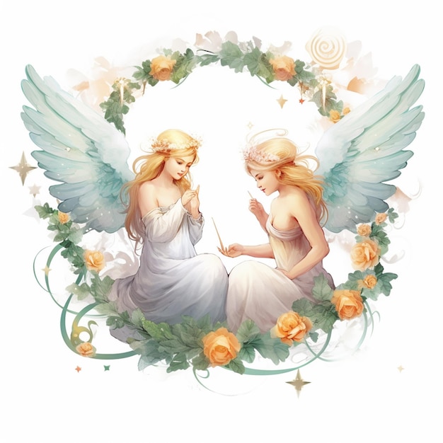 there are two angels sitting on a flower wreath with flowers generative ai