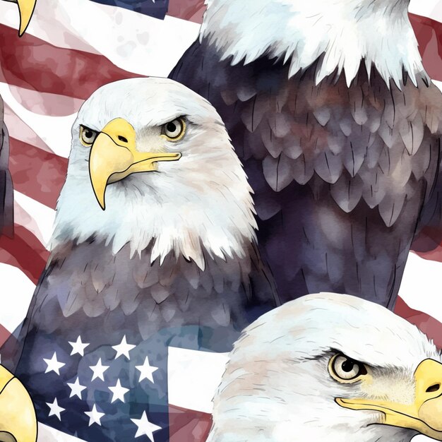 there are two bald eagles standing next to each other on a flag generative ai