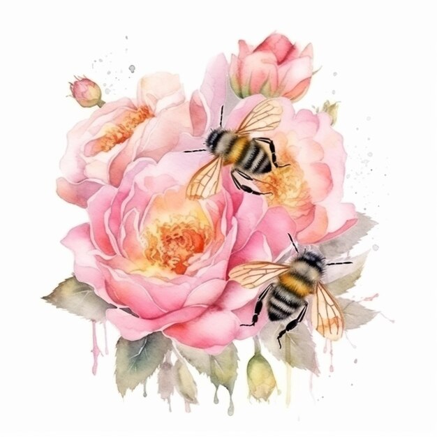 There are two bees that are flying around some flowers generative ai