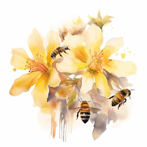 いくつかの花の周りを飛んでいる 2 匹の蜂がいます。生成 AI