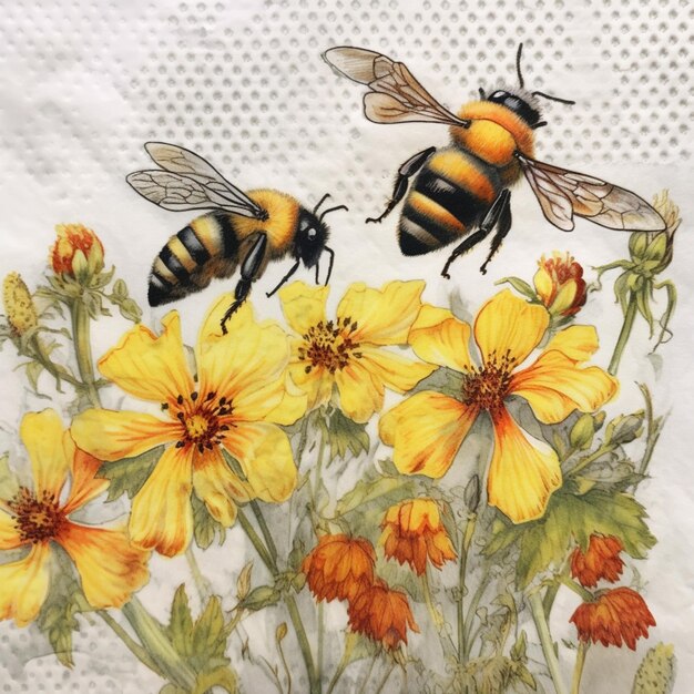 Photo there are two bees that are flying over some flowers generative ai