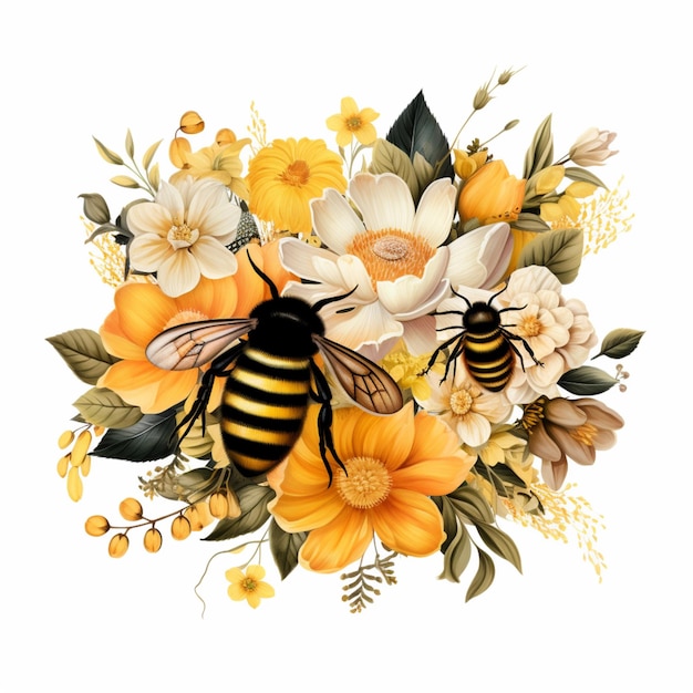 There are two bees that are sitting on a bunch of flowers generative ai