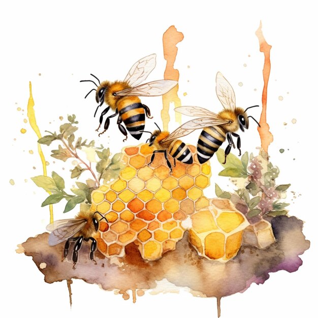 There are two bees that are sitting on a piece of honey generative ai