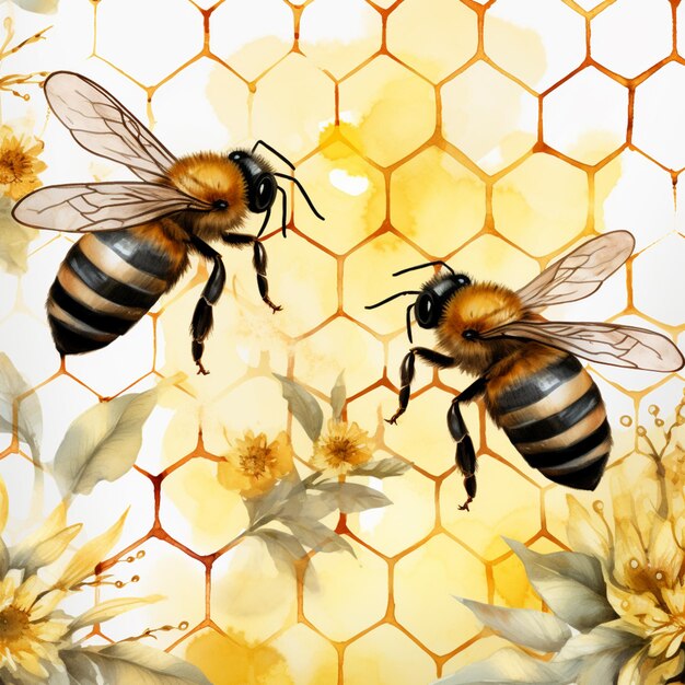 Photo there are two bees that are standing in front of a honeycomb generative ai