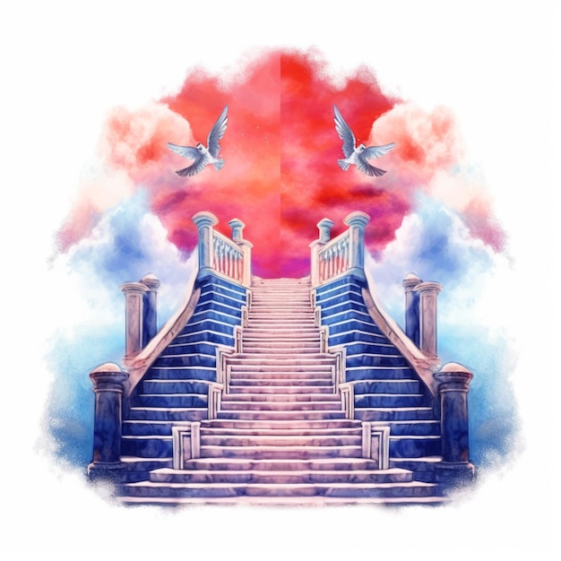 Photo there are two birds flying over a set of stairs generative ai