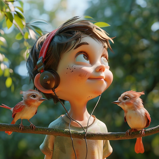 there are two birds perched on a branch with a boy in the background generative ai