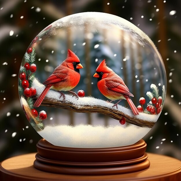 there are two birds sitting on a branch in a snow globe generative ai