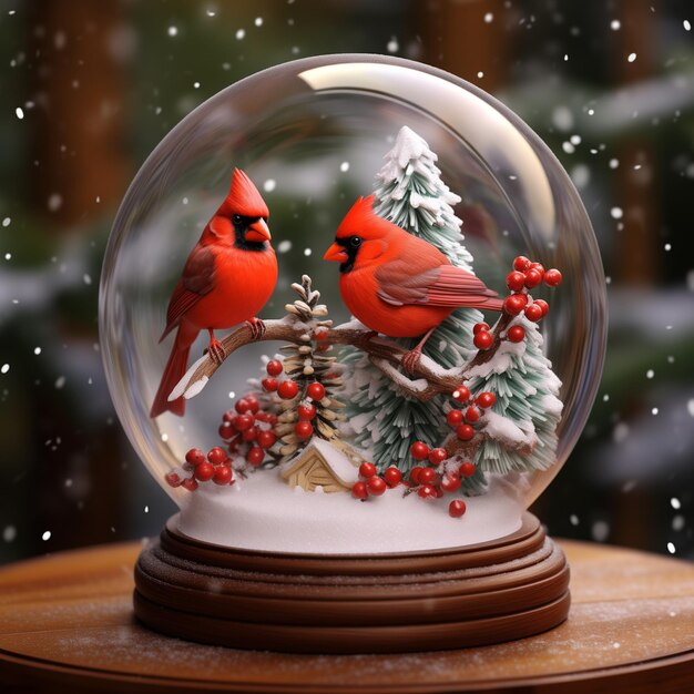 there are two birds sitting on a branch in a snow globe generative ai