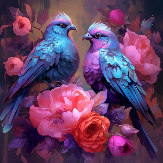 There are two birds sitting on a branch of a tree with flowers generative ai