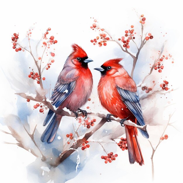 there are two birds sitting on a branch with berries on it generative ai