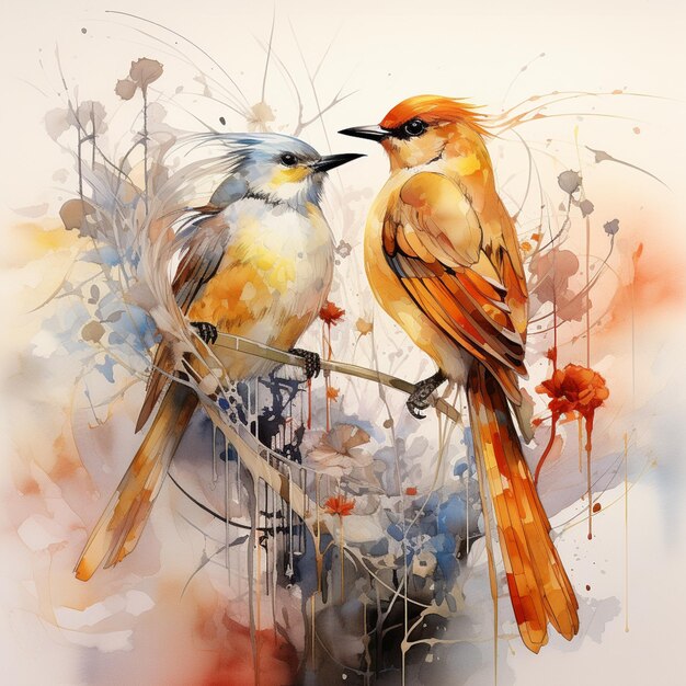 there are two birds sitting on a branch with a flower in the background generative ai