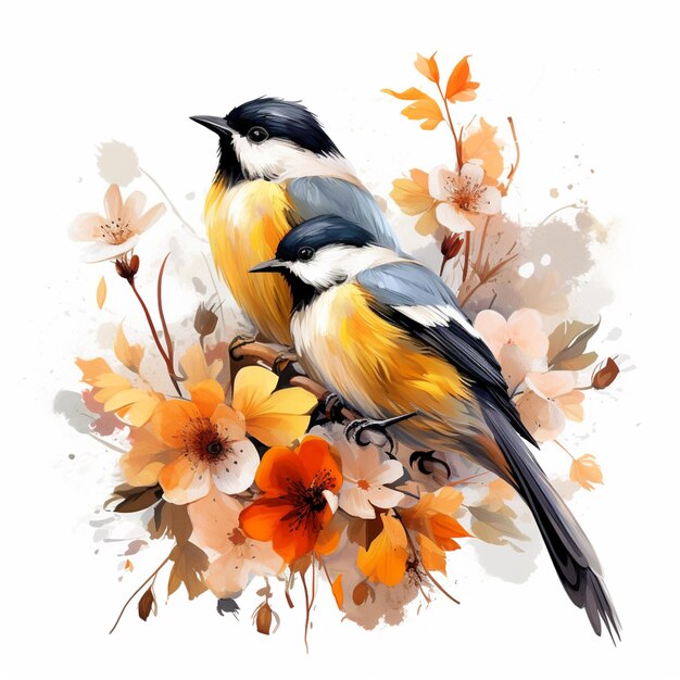 There are two birds sitting on a branch with flowers generative ai