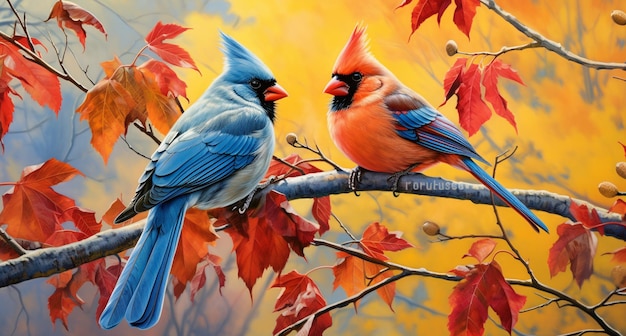 there are two birds sitting on a branch with leaves in the background generative ai