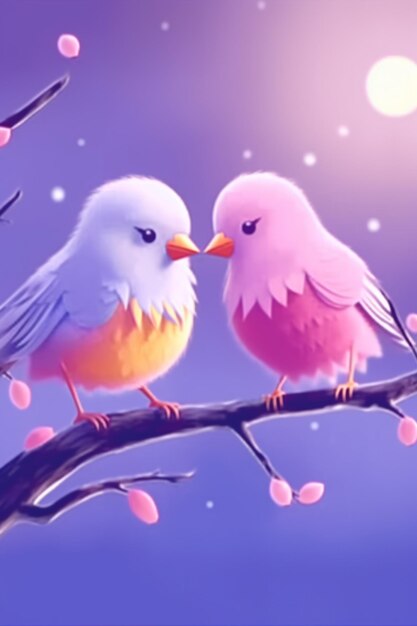 Photo there are two birds sitting on a branch with pink flowers generative ai