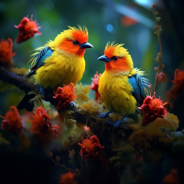 There are two birds sitting on a branch with red flowers generative ai