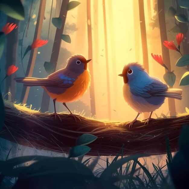 There are two birds sitting on a branch in the woods generative ai