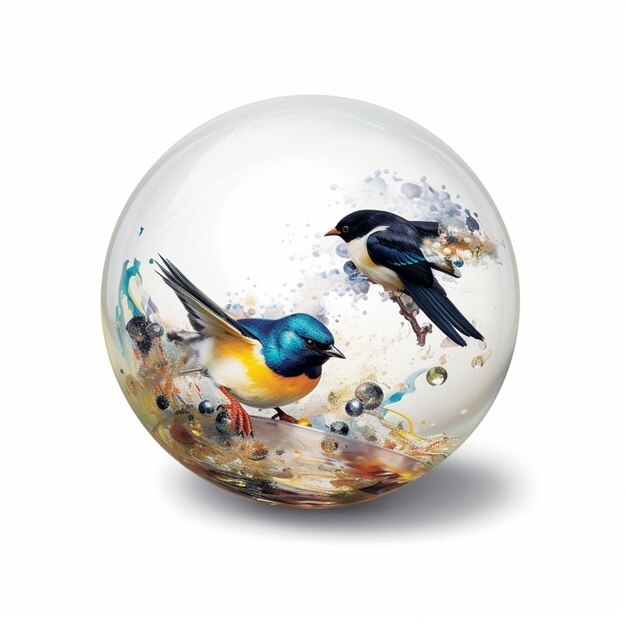 Photo there are two birds sitting on a glass ball with watercolor paint generative ai