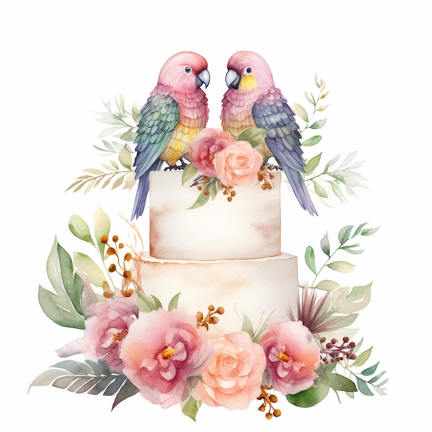 꽃과 함께 케이크 위에 앉아 있는 두 마리의 새가 있습니다.