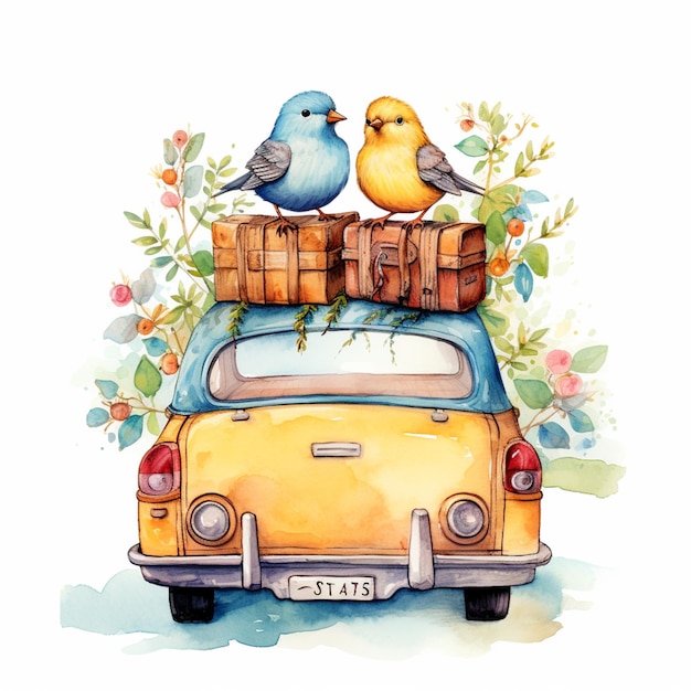 Photo there are two birds sitting on top of a car with luggage generative ai