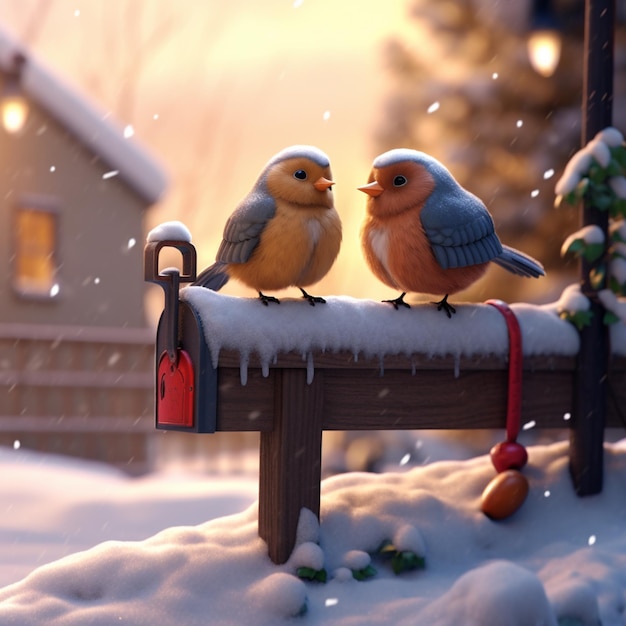 there are two birds sitting on a wooden bench in the snow generative ai