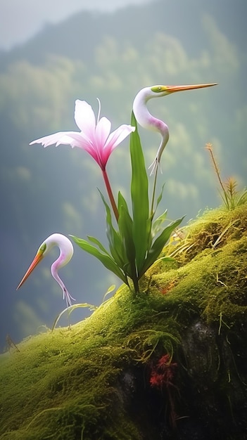 there are two birds standing on a moss covered hill generative ai