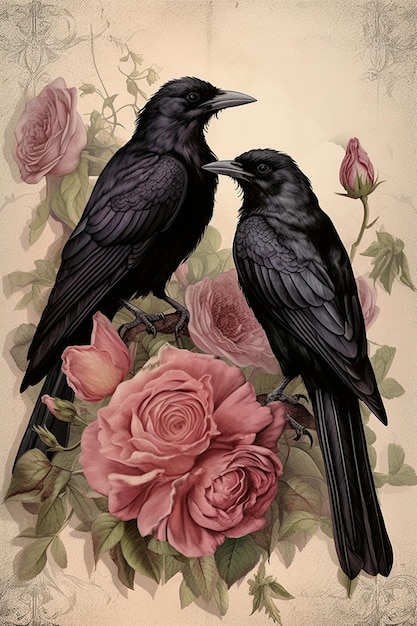 there are two black birds sitting on a branch of a rose generative ai