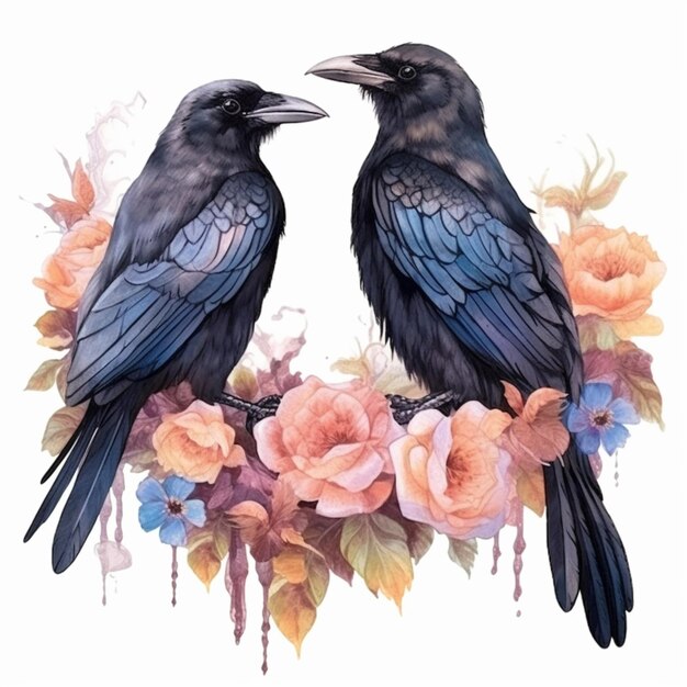 there are two black birds sitting on a branch with flowers generative ai