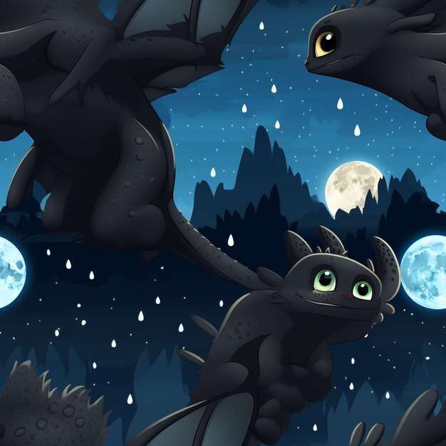 There are two black dragons flying in the sky with the moon behind them generative ai