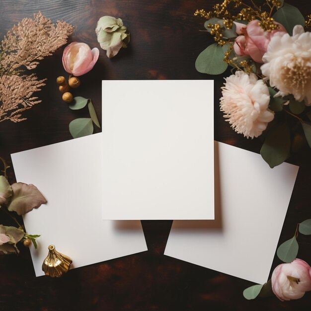 there are two blank cards on a table with flowers and leaves generative ai