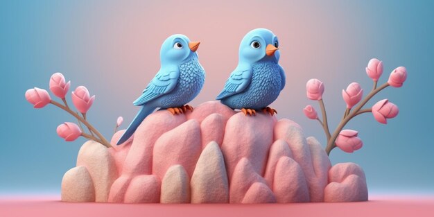 There are two blue birds sitting on a rock with pink flowers generative ai