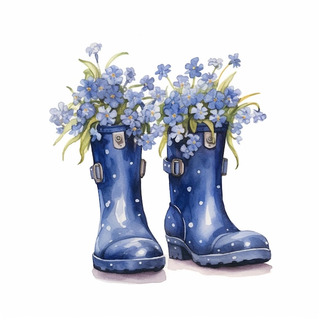 There are two blue boots with flowers in them on a white background generative ai