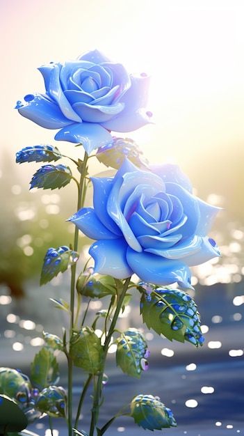 there are two blue roses that are growing out of the water generative ai