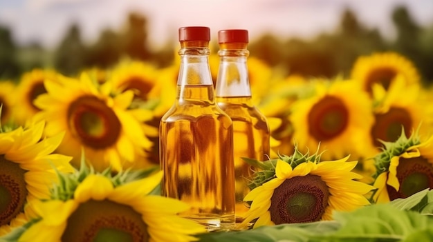 There are two bottles of sunflower oil sitting in a field generative ai