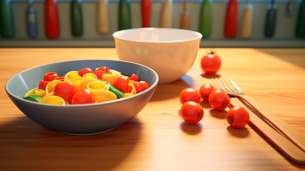 There are two bowls of pasta and a bowl of tomatoes on the table generative ai