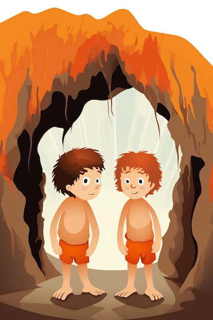 2人の男の子が洞窟の入り口にある洞窟に立っています