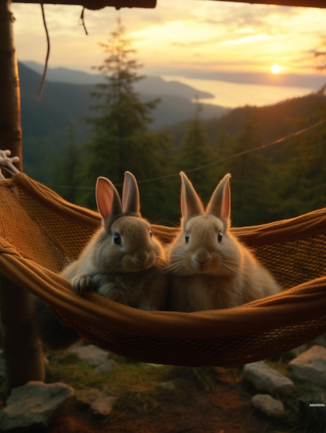 there are two bunnies sitting in a hammock on a mountain generative ai