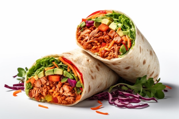 There are two burritos with different toppings on a white surface generative ai