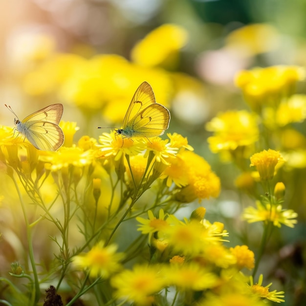 노란색 꽃 위에 앉아 있는 두 마리의 나비가 있습니다.