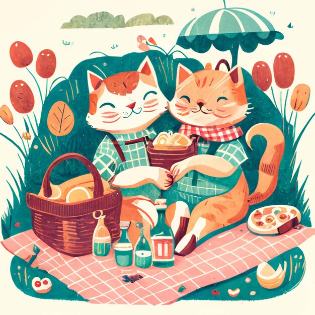 There are two cats sitting on a blanket with a picnic basket generative ai