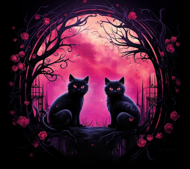 there are two cats sitting in a dark room with a full moon generativ ai