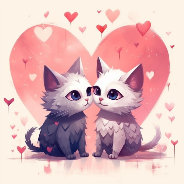 There are two cats sitting next to each other in front of a heart generative ai