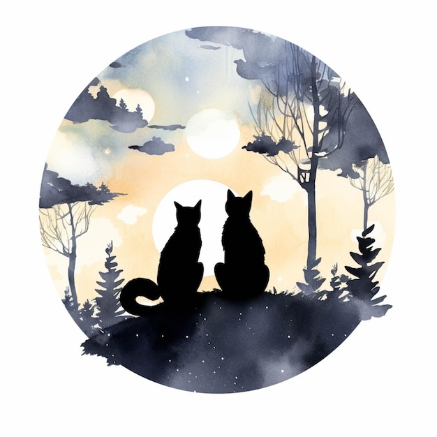 There are two cats sitting on a hill looking at the moon generative ai