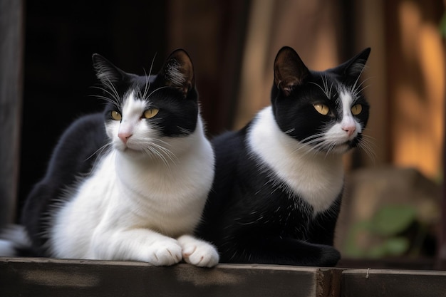 カメラを眺めている2匹の猫が崖っちに座っています