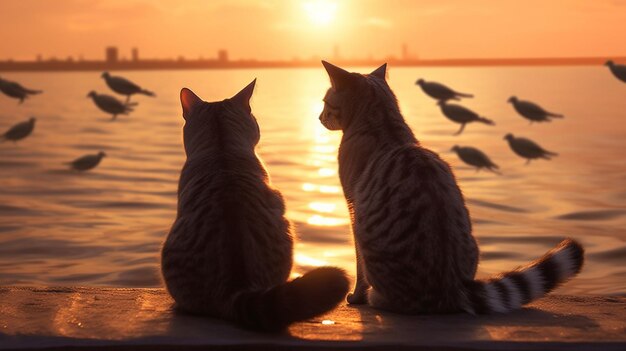 Foto ci sono due gatti seduti su una sporgenza che guardano il sole tramontare generativo ai