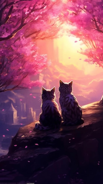 There are two cats sitting on a rock in the middle of a forest generative ai