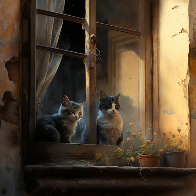 there are two cats sitting on a window sill looking out generative ai