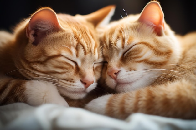 there are two cats sleeping together on a bed together generative ai